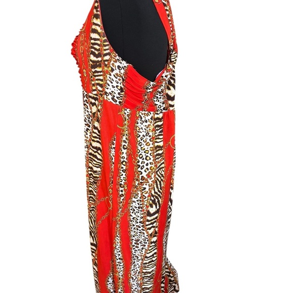 Women’s Maxi Dress Cut Out Gold Chain Lock Animal Print Red Mob Wife Large - Picture 8 of 11